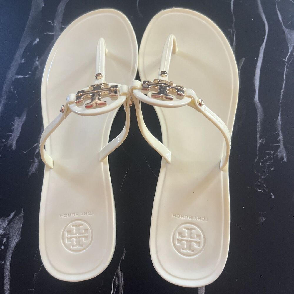 Tory Burch Cream Jelly Miller Sandals with Gold Logo - Picture 5 of 10